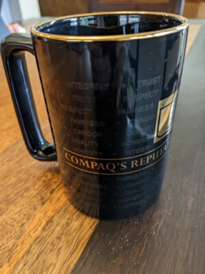 Compaq Computer Coffee Mug - ''COMPAQ'S REPUTATION IS IN MY HANDS'' new/unused