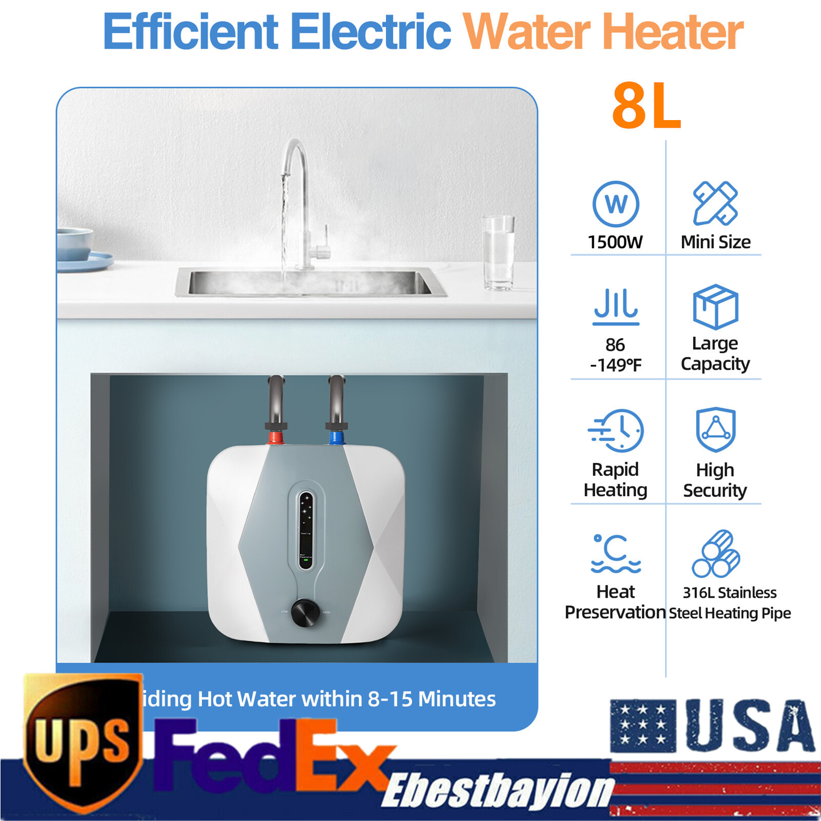 8L 1500W Under Sink Electric Instant Hot Water Heater Mini Small Water Tank