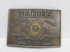 VINTAGE 1970's TEACHER'S SCOTCH WHISKY BRASS BELT BUCKLE LEWIS BUCKLE CO.