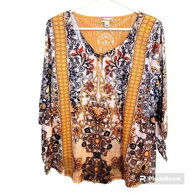World Unity Women's Top Sz Large Bell Sleeves Yellow Black Wht Pattern Lacy EUC