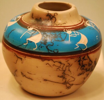 Native American Horsehair Pot KOKOPELI DANCERS by WEST MOUNTAIN Laguna/Cochiti