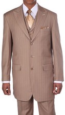 Men's 3 pcs Wool Feel Classic Gangster Pinstripe Suits with Vest 5903 Tan