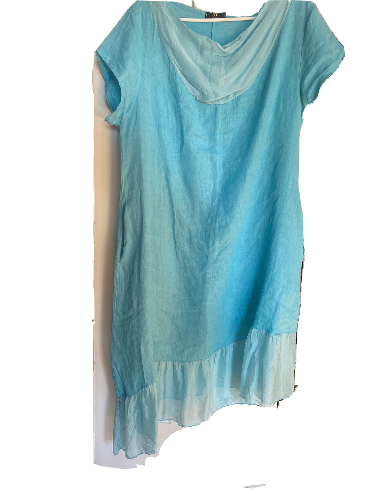 NT by Amati Linen Silk Dress Asymmetrical Pockets Aqua Blue Made In