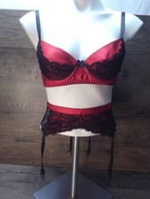 Shirley Of Hollywood Red With Black Lace Bra  Suspender Belt Size M