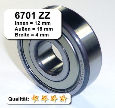 4 Stk. Radiales Rillen-Kugellager 6701ZZ - 12x18x4, Da=18mm, Di=12mm, Breite=4mm