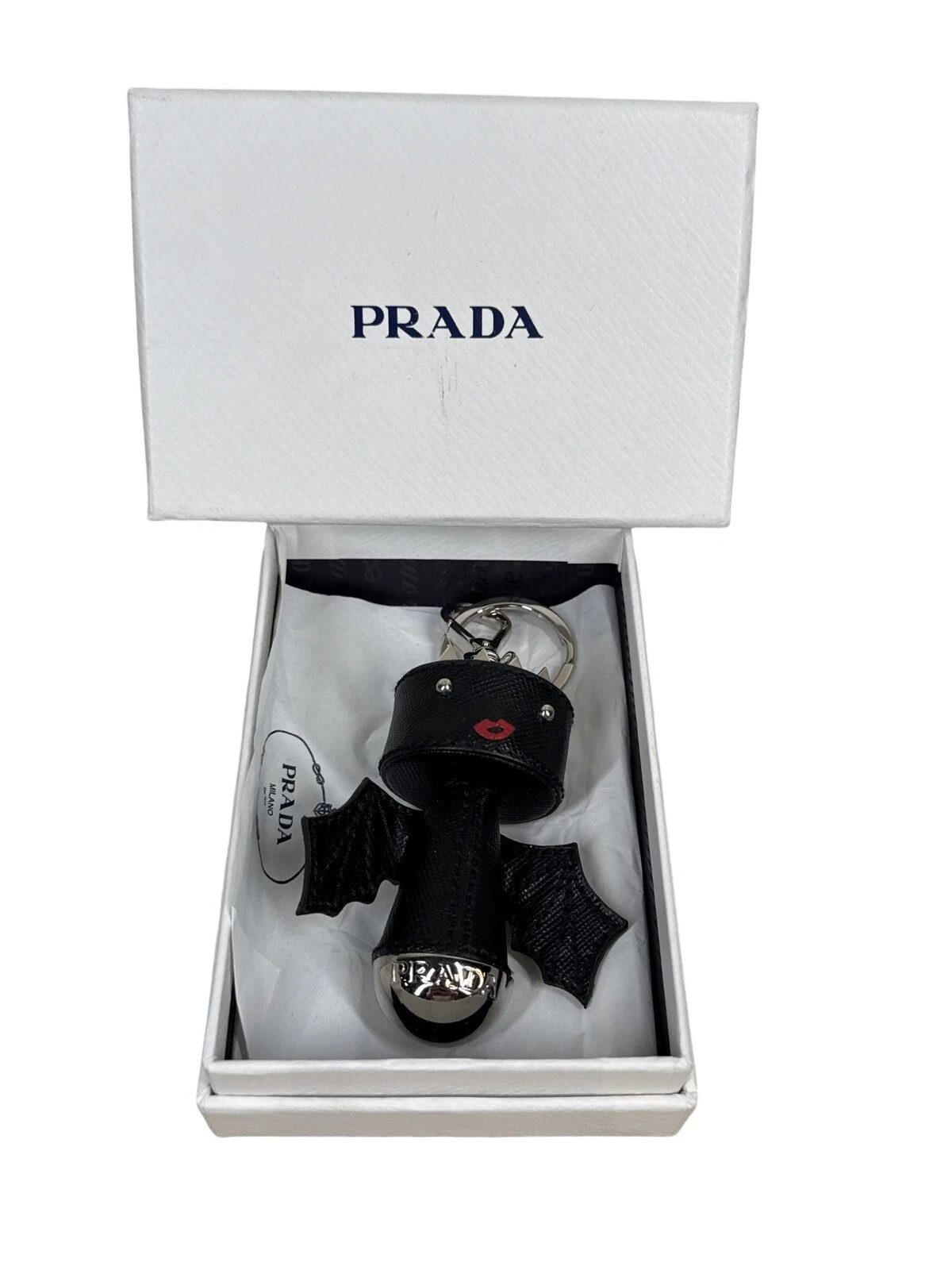 PRADA Black Bat Vampire Key Ring Bag Charm   Original Box   EUC