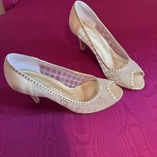 Nina Women  s Gold Satin Heels Sparkle Lace Open Toe 3 1/2  New