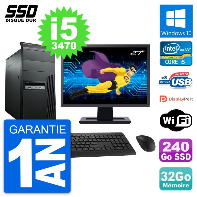 PC Tour Lenovo M92p Ecran 27" Intel i5-3470 RAM 32Go SSD 240Go Windows 10 Wifi