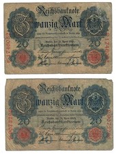 P-40b 1910 Germany 20 Mark 7 digit s/n Lot of 2