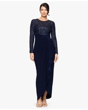 Betsy  Adam Navy Blue Sequin Jersey Long Sleeve Gown Dress Size 12P 179
