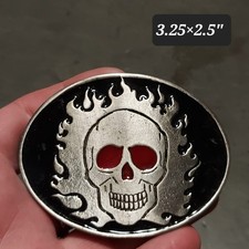 Vintage Motorcycle Flaming Skull Metal Red Eyes Black BorderBelt Buckle 2126