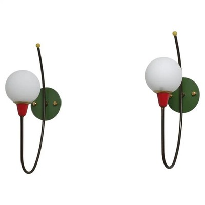 Pair of Italian Style Mid-Century Modern Wall Sconces Brass & Opal Glass Globe