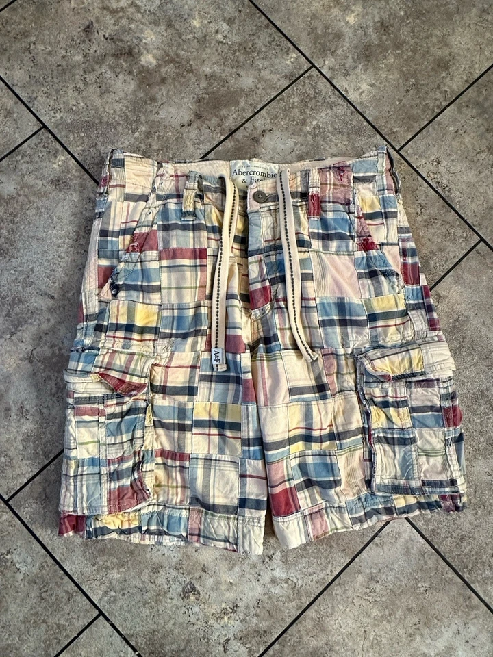 Pantalones Cortos De Colección Abercrombie & Fitch Para Hombres 33 Madras Patchwork Carga Y2K Sueltos Foto 2 de 4