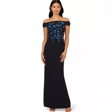 Adrianna Papell Midnight Blue Floral Embellished Crepe Column Gown Size 12 279
