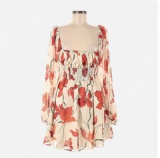 Floral Smocked Mini Dress Ivory Red Puff Sleeve Flowy A-Line Dress Women M