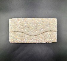 Vintage White Satin Lined Leaves Pattern Beaded Sequins Clutch Snap Close