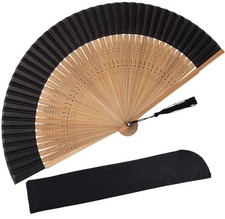 Folding Hand Fan Black Silk Fabric Bamboo Ribs Hand Held Chinese
