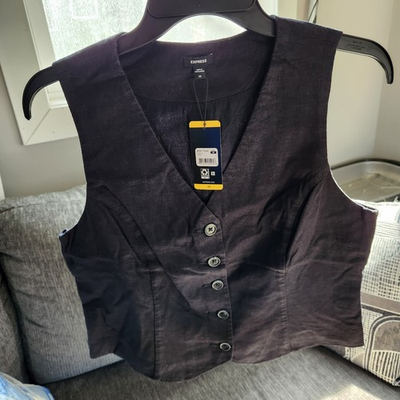 #ad Express Linen Vest Women Size Medium Black Button Front V Neck Classic Look NWT $15.00
