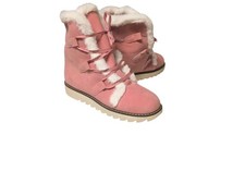 Girls Pink Faux Fur Lined Mid-Calf Lace Up Snow Boots Bow Flat Heel Size 12