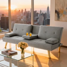 66.3 Inch Futon Sofa Bed,Twin Size Futon Sleeper,Light Gray Polyester Sofa Bed