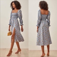 Reformation Hyland Midi Dress Blue Floral Grazia Print 100% Linen S Side Slit
