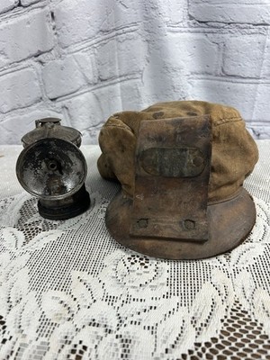 Antique Auto-Lite Carbide Lamp & Canvas Miner Cap Set Pre-1930 Universal Lamp Co