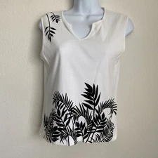 Style&Co Womens Small 100% Cotton White w Black Leaves Sleeveless Top