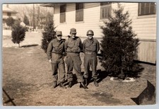 Vtg B W Snapshot Three US Army Soldiers Military Uniforms Helmet Cap 1940s WWII