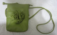 ILI Moss Green Leather Mini Cross Body Purse Leopard Interior Rose/Flower Detail