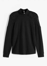 Ripp-Langarmshirt mit Spitze Gr. 40/42 Schwarz Damen-Shirt Bluse Tunika Neu