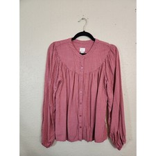 a new day Women's Pink White Polka Dot Button Front Puff Sleeve Blouse Small