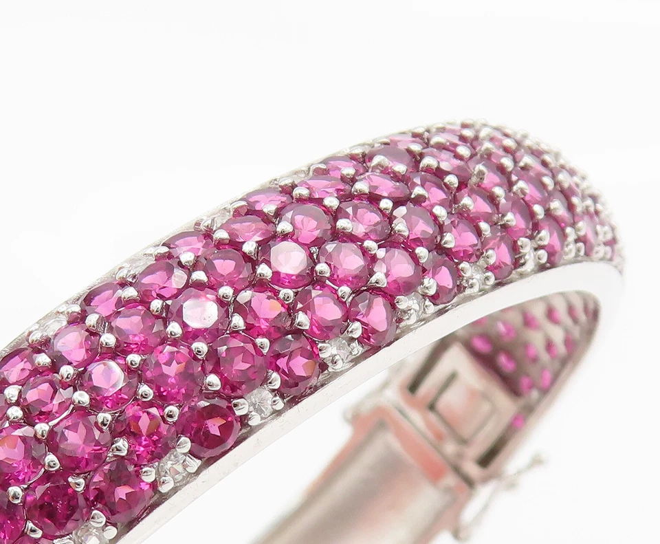 925 Sterling Silver  Vintage Ruby & Topaz Cluster Bangle Bracelet BT9781 - Image 4 of 4