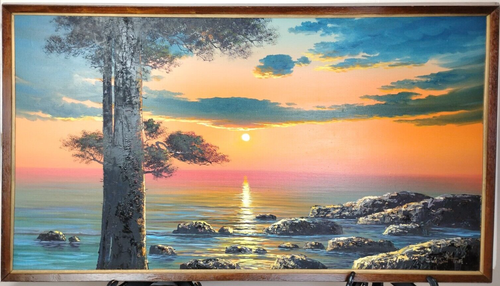 70s Original Oil Painting Suh Jin Tae Korean Sunset 21x37" Ocean Seascape Framed