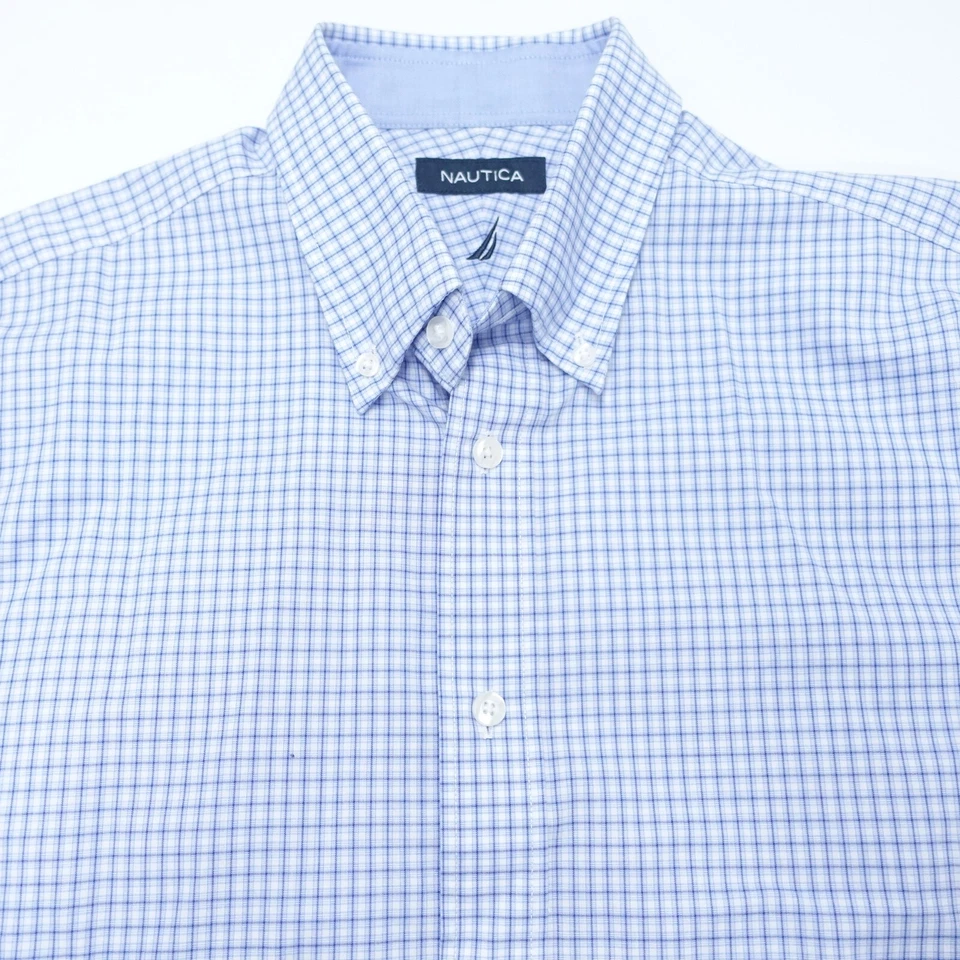 Nautica Dress Shirt Men's 15.5 Blue White Plaid Logo Long Sleeve Business Formal - Image 2 of 4