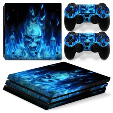 For PS4 PRO Console  2 Controllers Blue Flame Skull Decal Vinyl Cover Skin