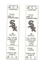 Chicago White Sox vs Seattle Mariners unused Baseball Tickets from 6/20/1996