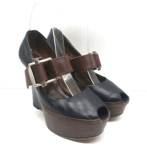 Marni Buckled Wedge Pumps Black & Brown Leather Size 38 Peep Toe Heels - Picture 1 of 12