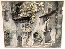 Scuola europea del XX secolo - Corte con crocifisso