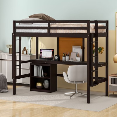 Twin size Loft Bed Desk Writing Board Wooden Loft Bed Desk & 2 Drawers Cabinet-
