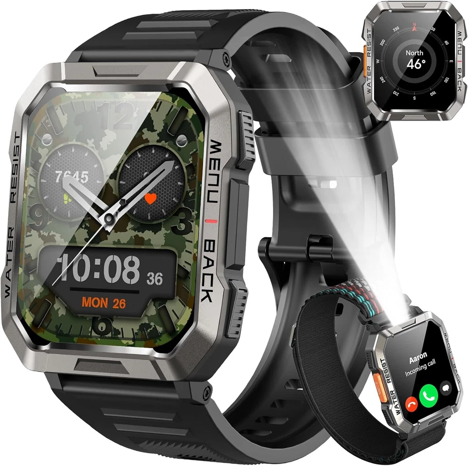 Smartwatch Herren Militär, 100 Tage Akkulaufzeit/LED Taschenlampe/Kompass Sportu