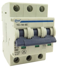 YuCo YC-16-3C Miniature Din Rail Circuit Breaker C-Curve 16-Amp 3P 480VAC 220VDC