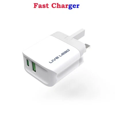 GROUGS BY LIVE LEAD For Apple iPhone Mains Wall Adapter 20W Fast UK 3 PIN Dual USB Wall Charger Plug