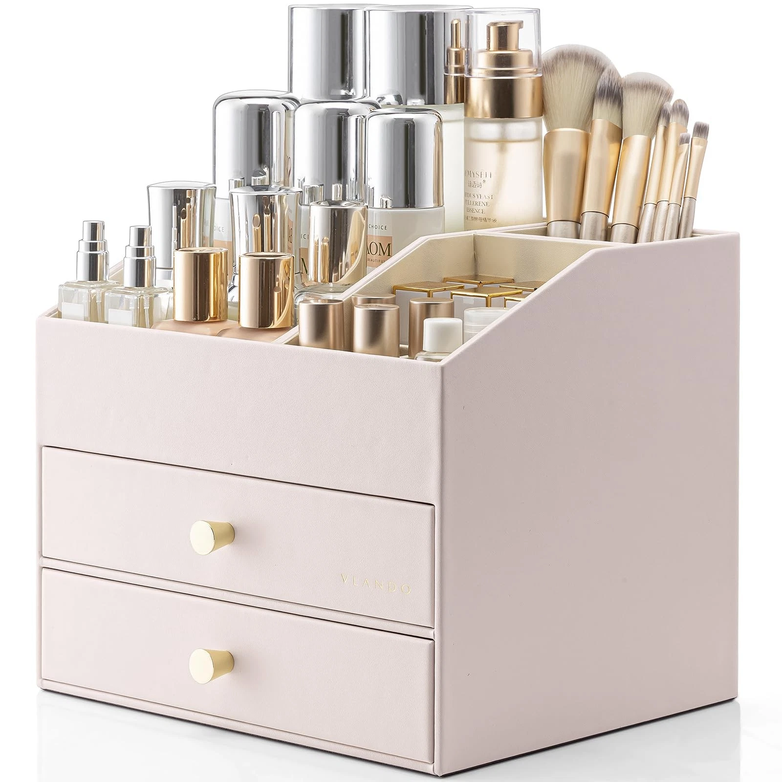 Vlando Makeup and Skincare Organizer with 2 Drawers Pink White