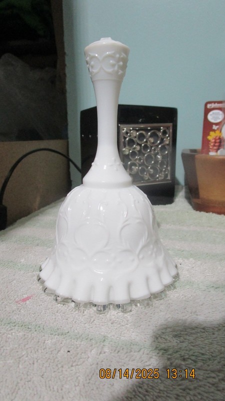 Fenton Milk glass bell /ruffled clear glass rim