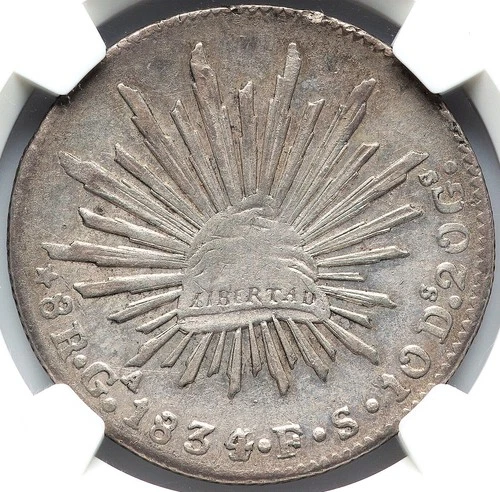 Mexico Silver 8 Reales 1834/3-Ga FS, Guadalajara Mint, NGC AU-58! Rare overdate!