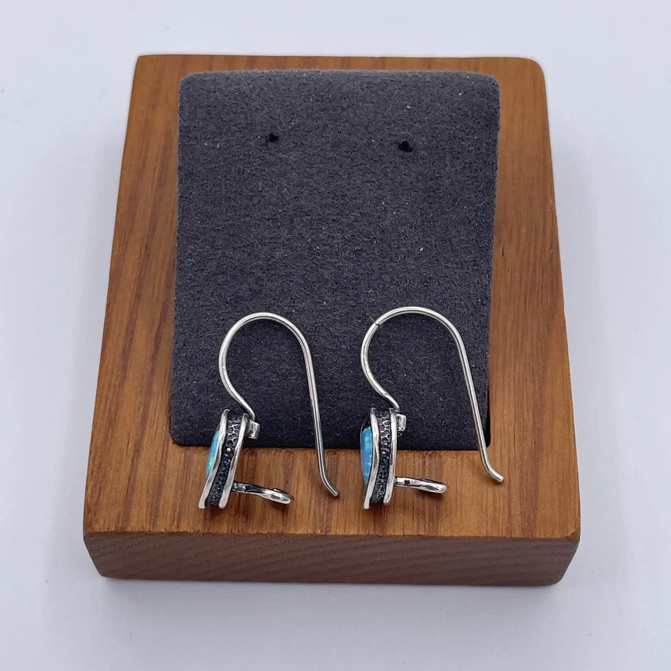 Brincos pendentes de prata esterlina com coração de opala azul laboratório Israel Shablool 925 vintage - Imagem 4 de 4