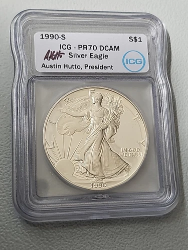 1990 S $1 American Silver Eagle ICG PR70 DCAM AUSTIN HUTTO Signed White Label