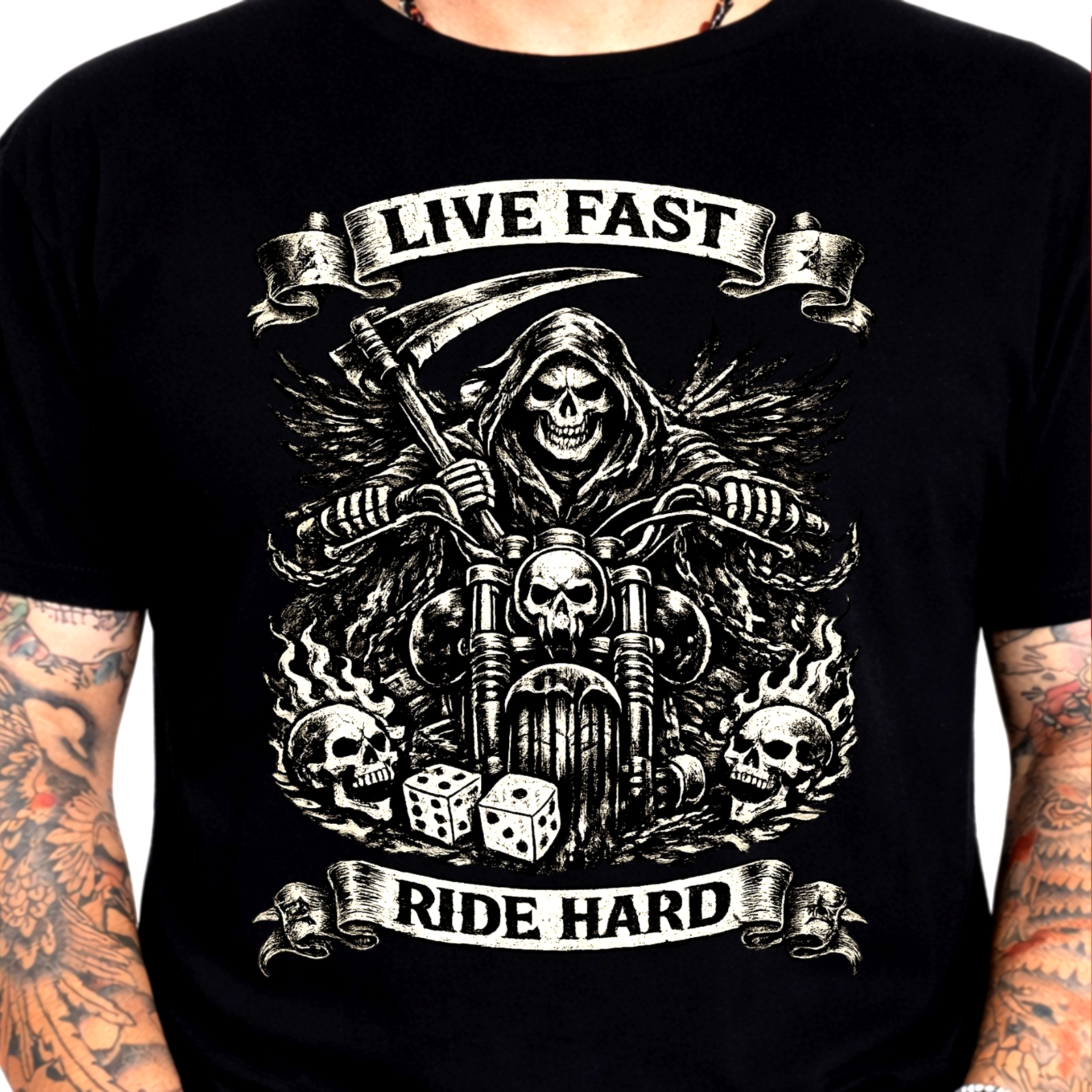 Biker Skull TShirt Live Fast Ride Hard Grim Reaper Motorcycle Gothic Graphic Tee