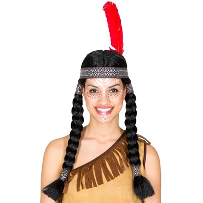 Perücke geflochtene Zöpfe schwarz +Haarband mit Federn Indianerin Squaw Fasching - Bild 1 von 3