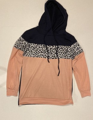 Womens Size L Color block Hoodie Navy Peach Leopard Print Long Sleeve Pullover